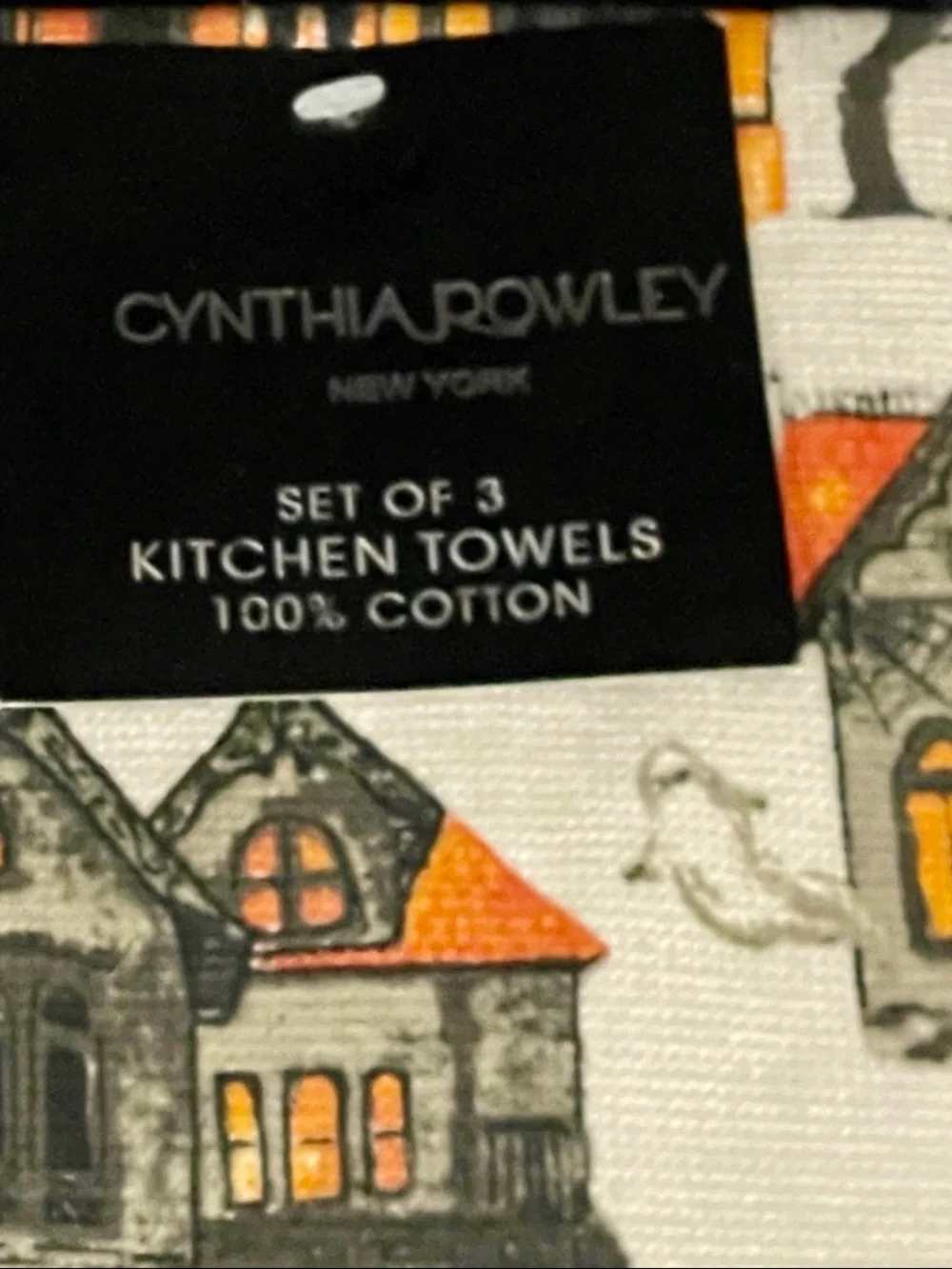 Cynthia Rowley Halloween Haunted House Kitchen Towels - Orange, Gray & Black